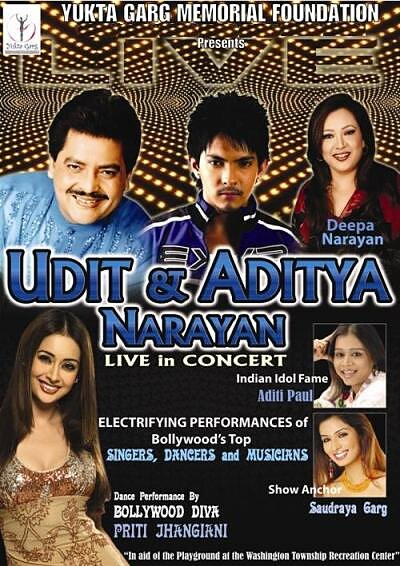 Promotional flyer for the 2008 concert, Udit & Aditya Narayan — Live in Concert.