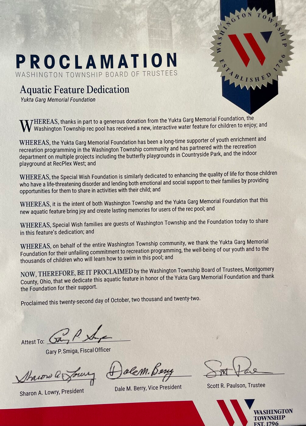 Proclamation from Washington Township, October 2022