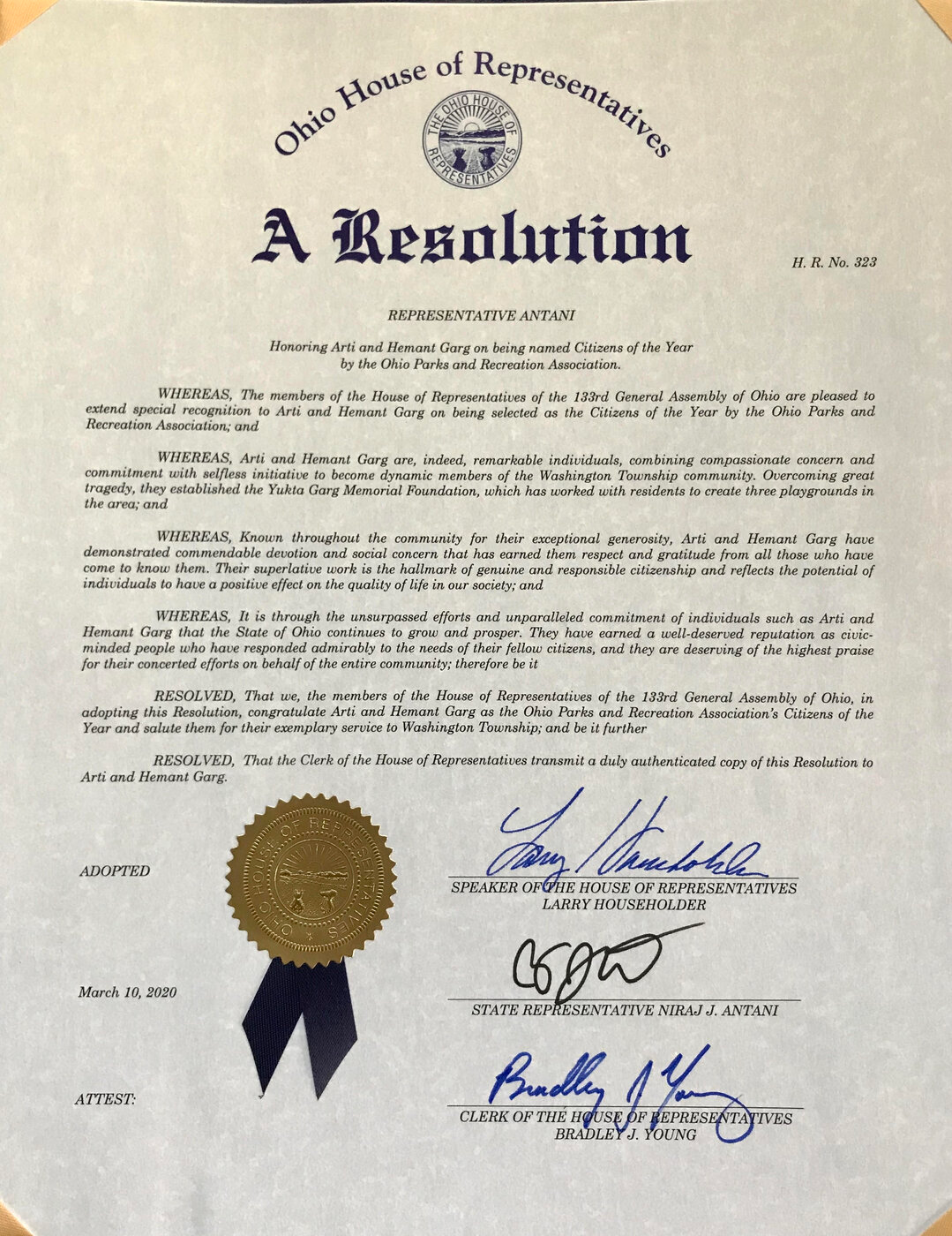 Proclamation from the Ohio House of Representatives