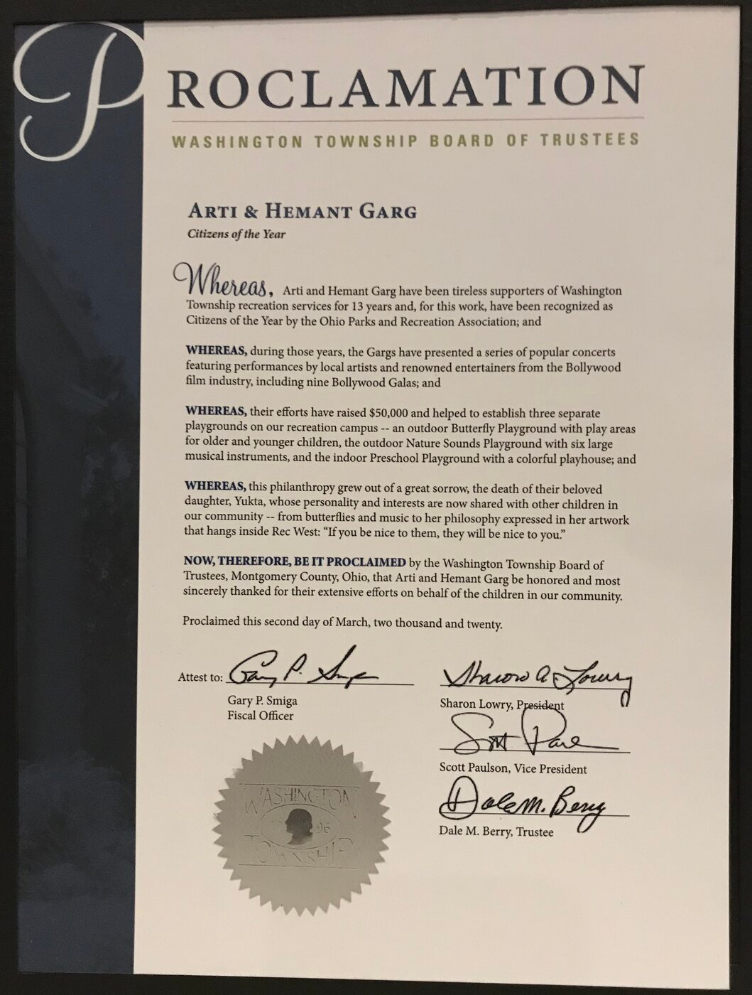 Proclamation from the Washington Township Trustees, March 2020
